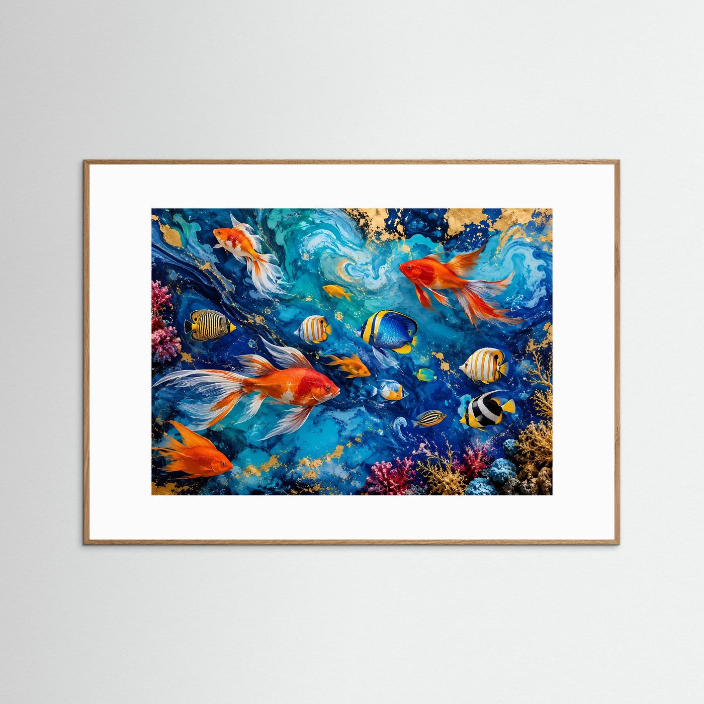Ozean-Fische in Blau & Gold | Modernes Wandbild mit Fluid Art & Korallenriff