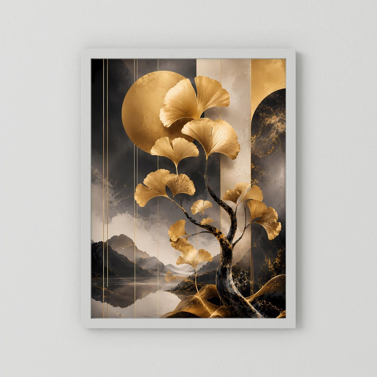 Poster (Hochformat) mit weißem Rahmen und goldener Ginkgobaum-Illustration