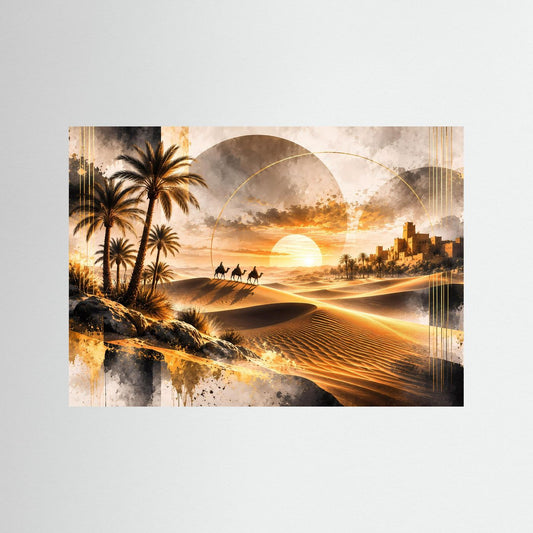 Querformat-Poster mit Wüstenlandschaft, Palmen, Karawane und Oase im Sonnenuntergang.