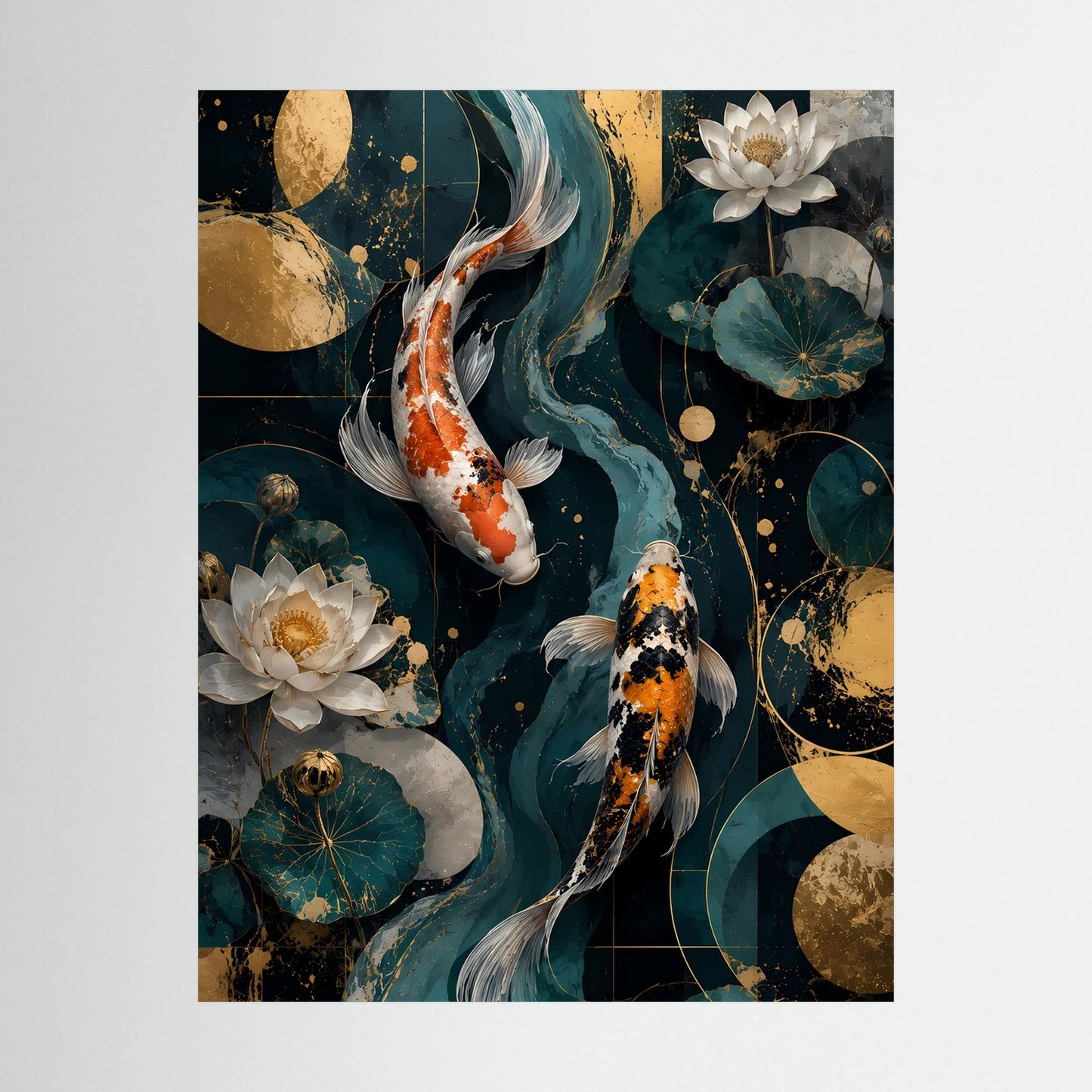Detail des Postermotivs: Koi-Fische, Lotusblüten und goldene Akzente auf Petrol
