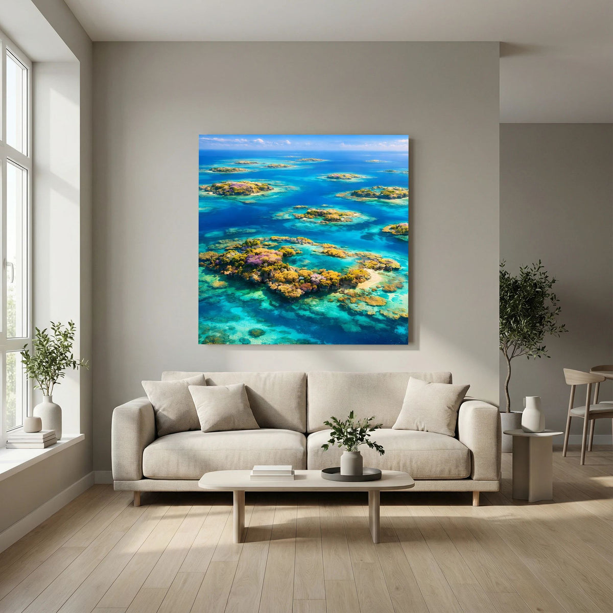 Quadratisches Leinwandbild auf Holzkeilrahmen mit tropischem Inselpanorama im türkisblauen Meer