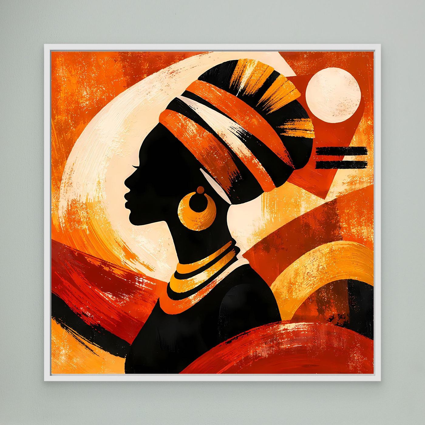 Gerahmtes Leinwandbild mit Porträt einer Frau, orange-goldene Ethno-Illustration