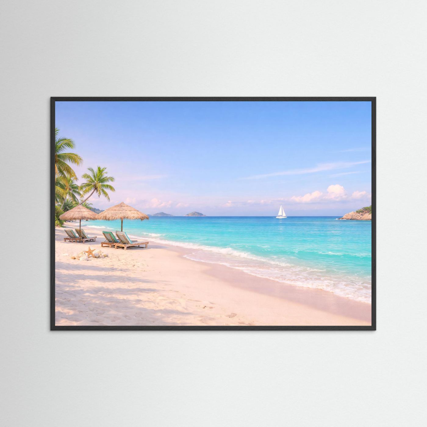Strand-Panorama-Poster, schwarz gerahmt, Palmen, türkisfarbenes Meer und Segelboot