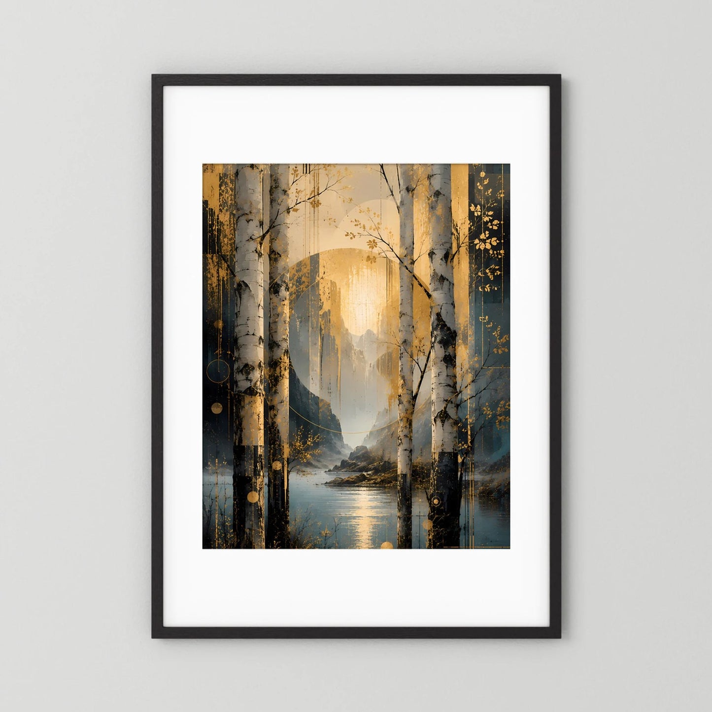 Gerahmtes Poster im Hochformat mit Birkenallee, goldene Sonne, petrolfarbene Wasserlinie