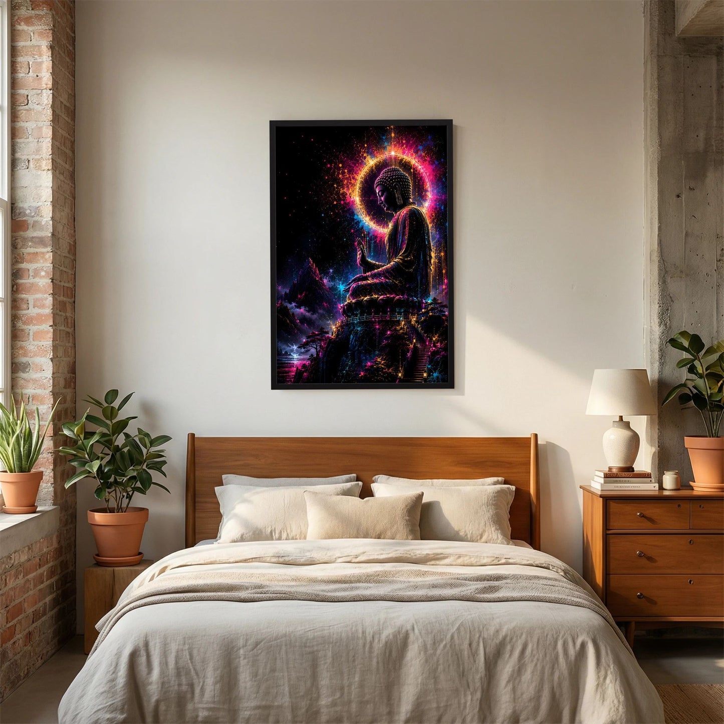 Buddha-Poster im Neonlicht (Hochformat): sitzende Figur mit leuchtender Aura, schwarzer Rahmen