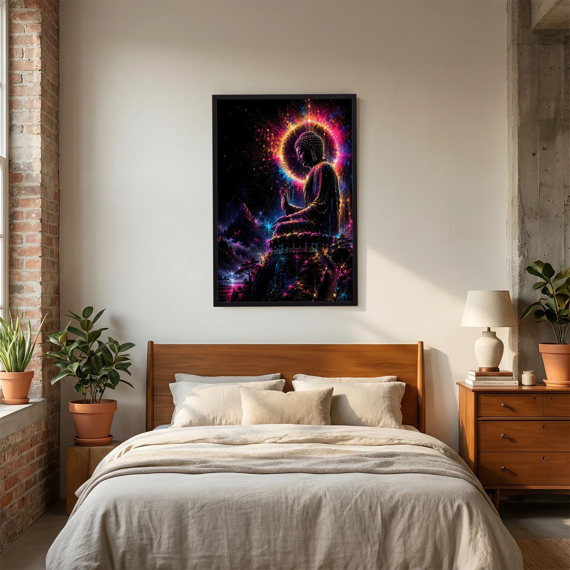 Buddha-Poster im Neonlicht (Hochformat): sitzende Figur mit leuchtender Aura, schwarzer Rahmen