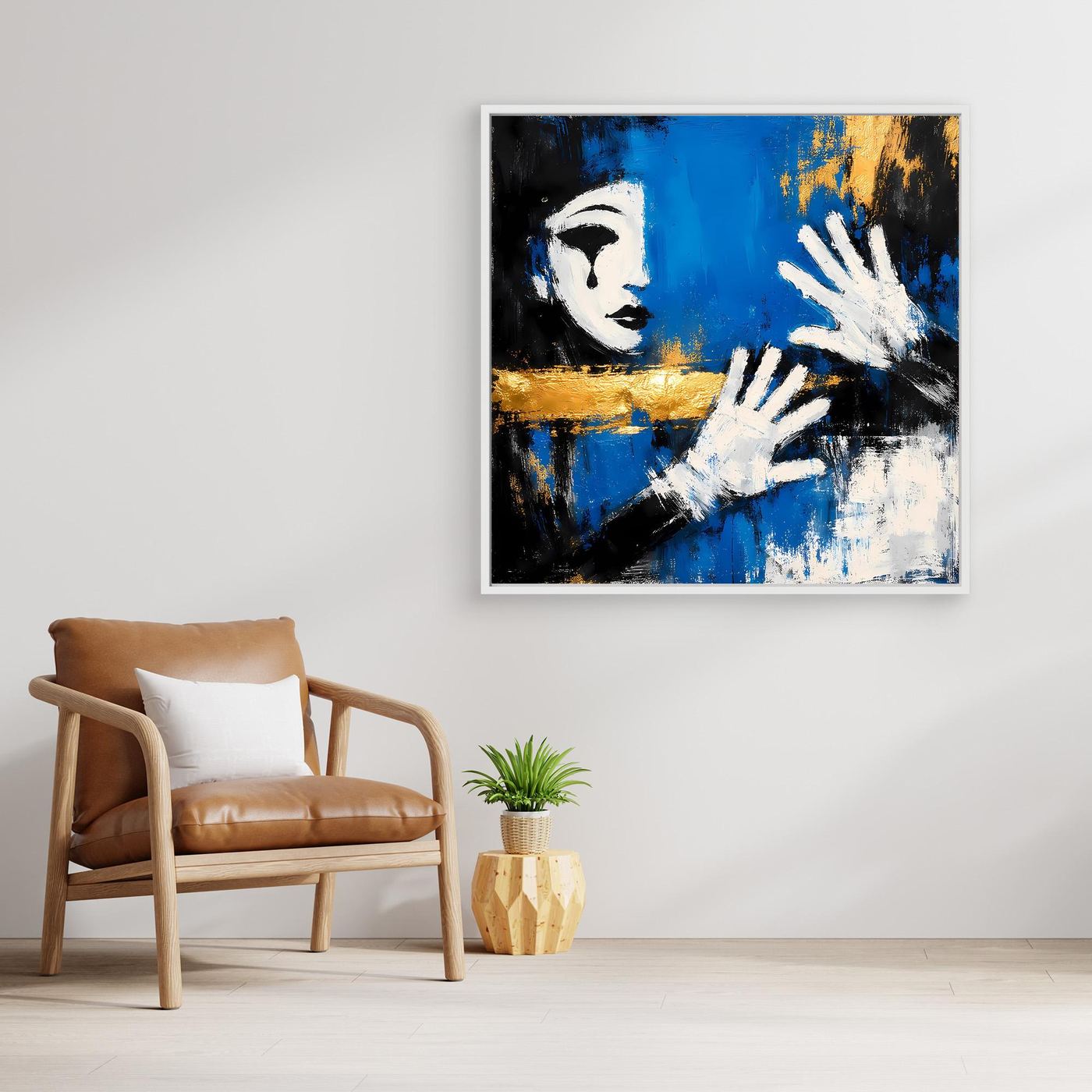Leinwand Melancholischer Mime in Blau | Abstraktes Pierrot Wandbild Gold