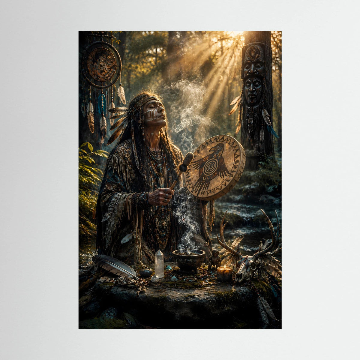 Poster mit Schamanenfigur, Trommel und Rauch im Waldszene, hochformatig, ohne Rahmen sichtbar.