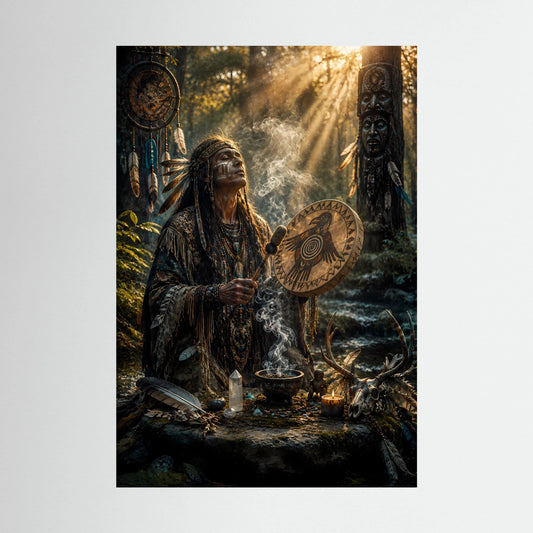 Poster mit Schamanenfigur, Trommel und Rauch im Waldszene, hochformatig, ohne Rahmen sichtbar.