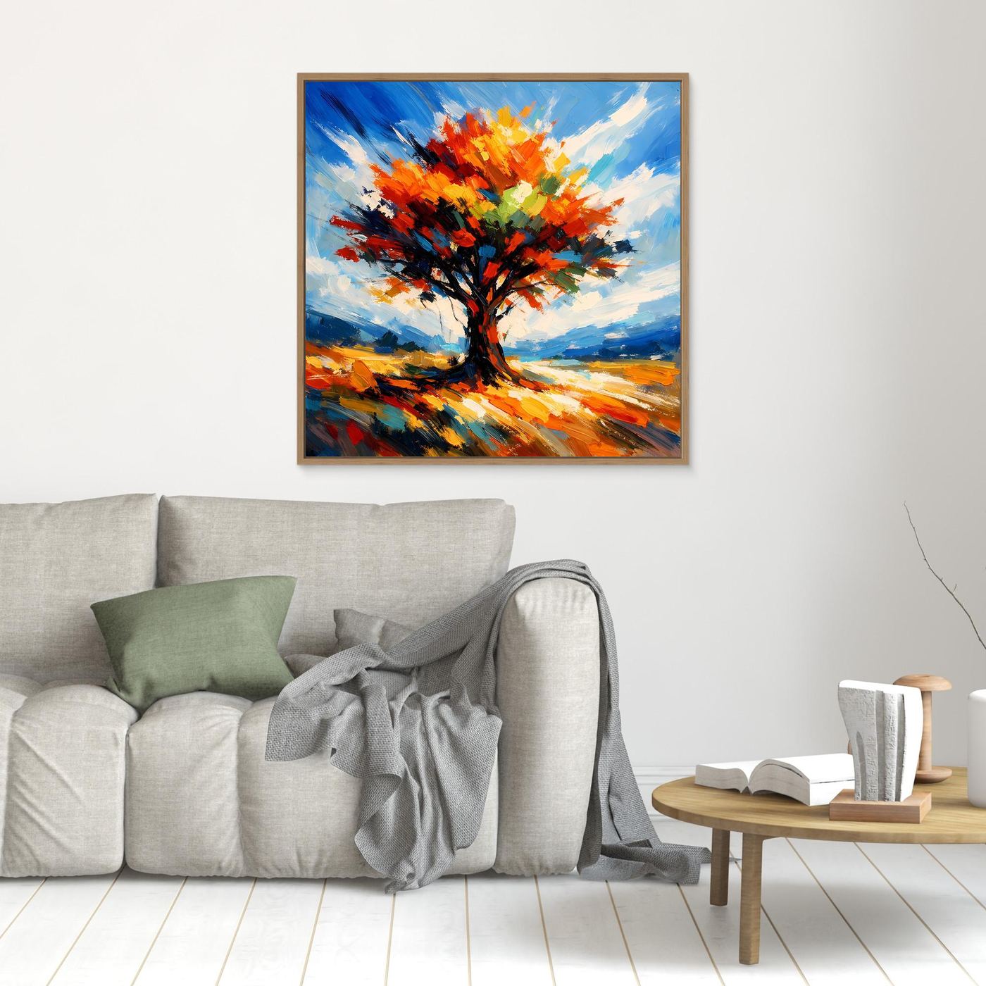 Kleines Leinwandbild mit Herbstbaum aus bunten Pinselstrichen, im Holzrahmen (Naturton)