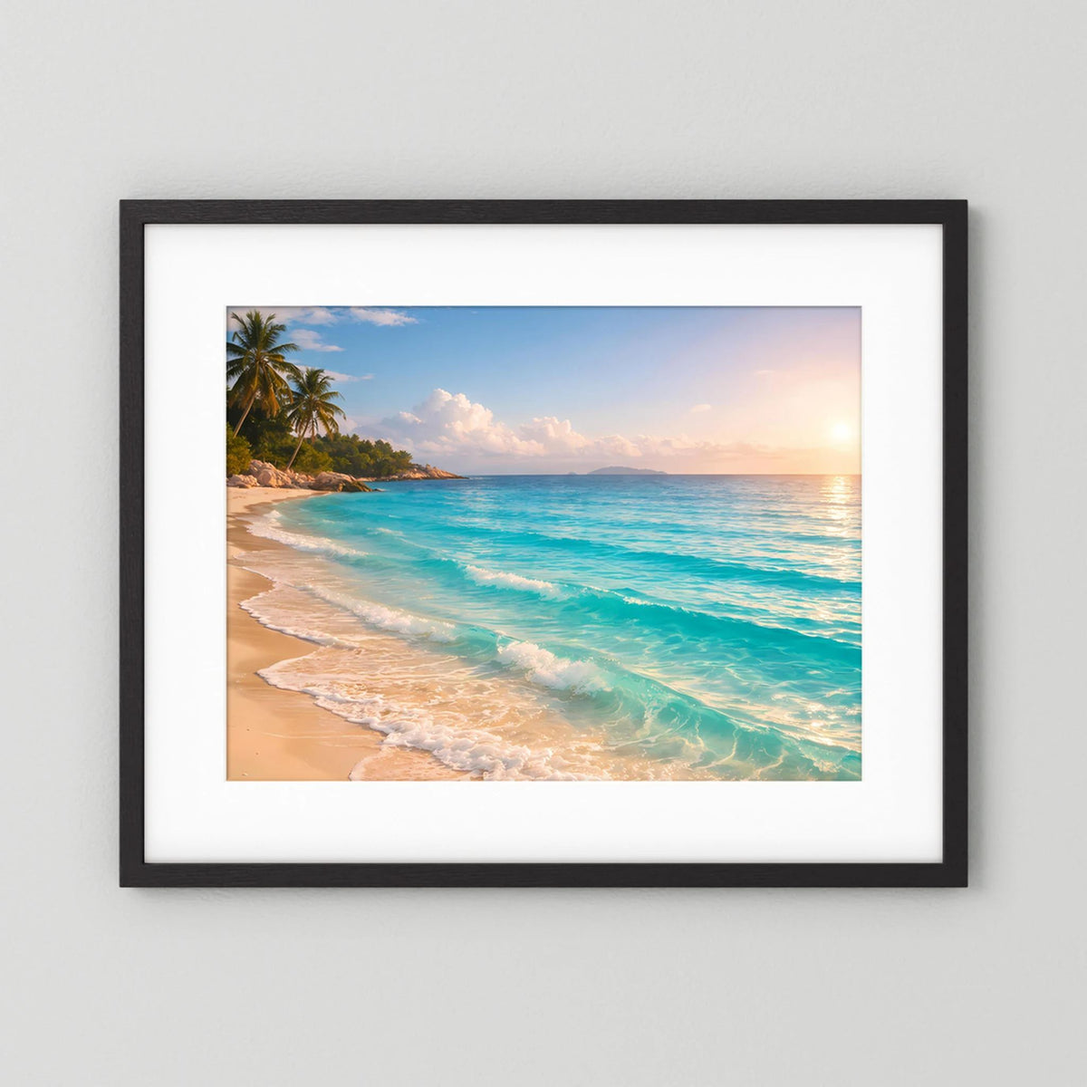 Wandposter mit schwarzem Rahmen und weißem Passepartout: tropischer Strand bei Sonnenaufgang