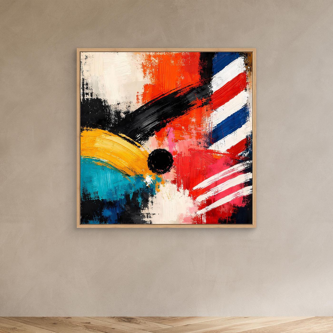 Abstract canvas wall art with light wood frame: red, blue, white stripes, black circle