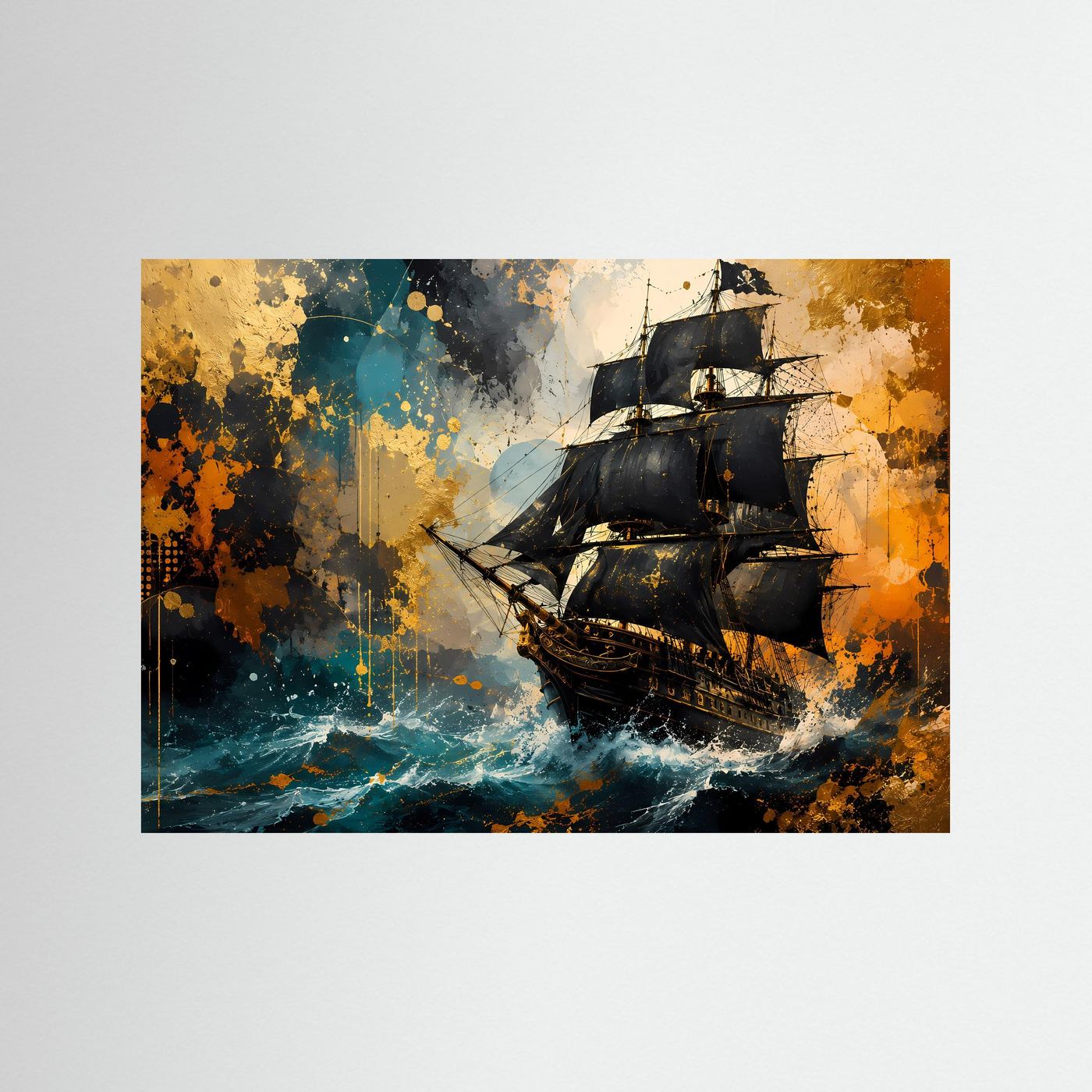 Historisches Segelschiff Poster Querformat | Abstrakte Maritime Wandkunst in Blau & Gold | Elegantes Piratenschiff Wandbild