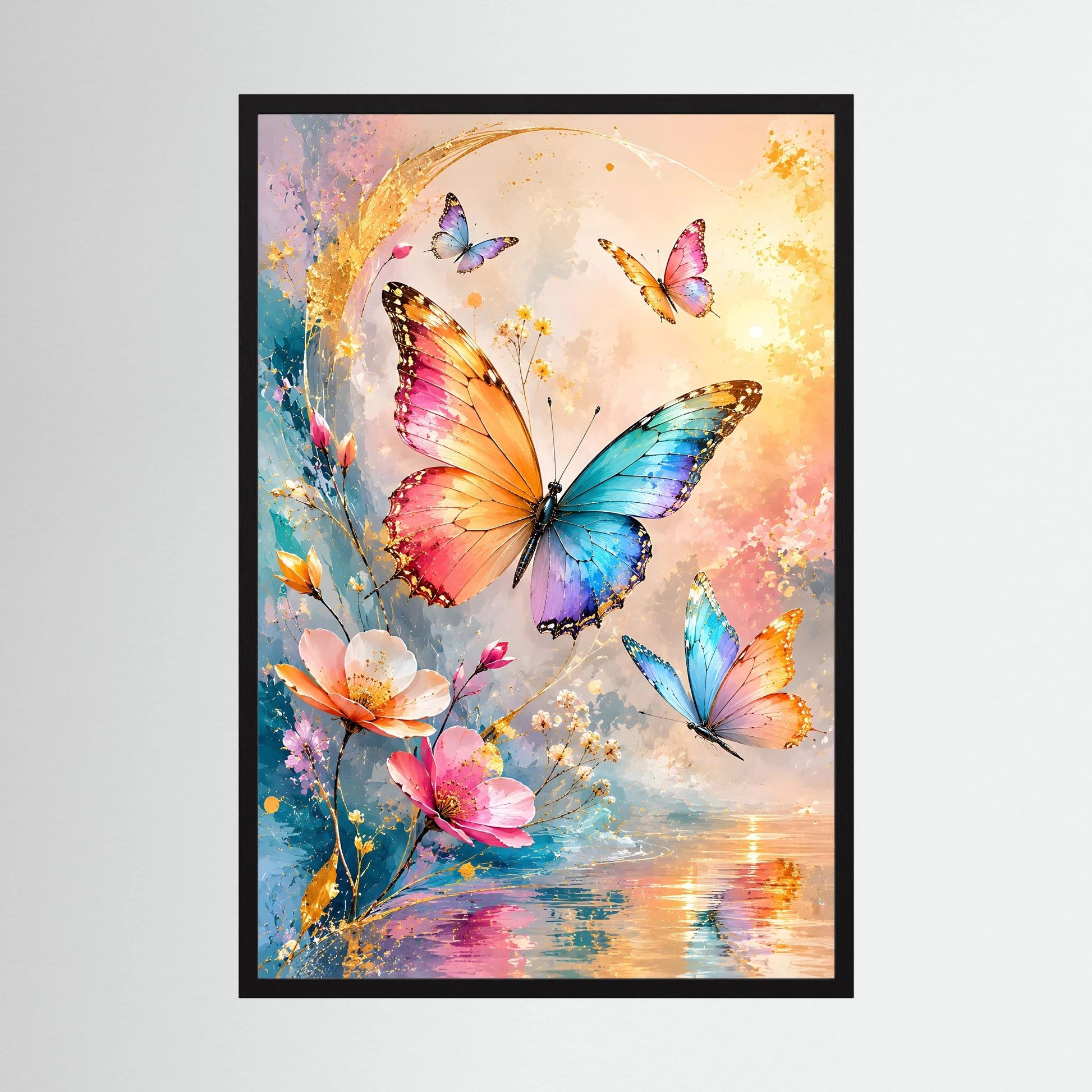 Schmetterlingsposter im Hochformat mit bunten Schmetterlingen und Blüten im Schwarzrahmen