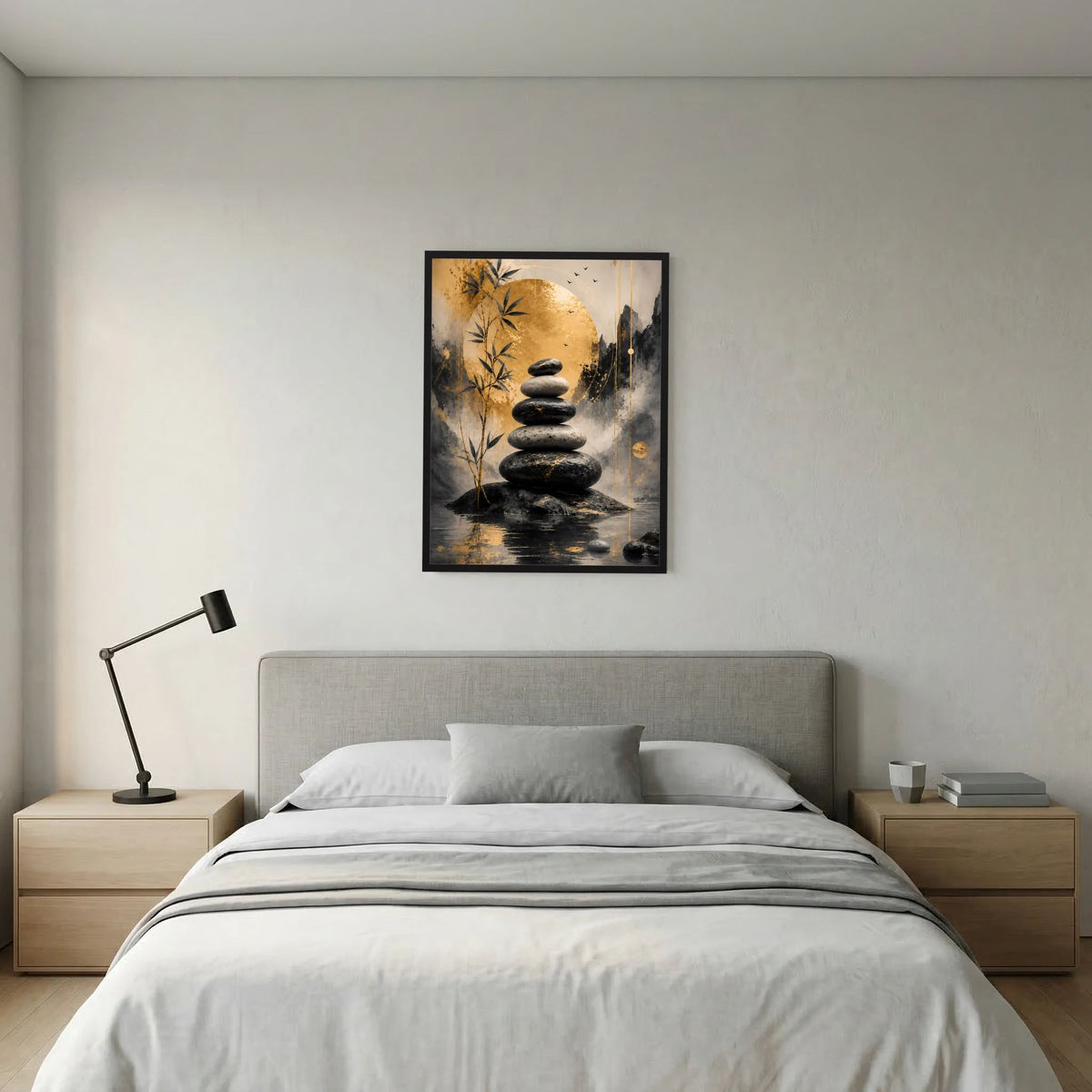 Zen-Poster mit schwarzem Rahmen: schwarze Steine im Wasser, goldene Bambusdetails.