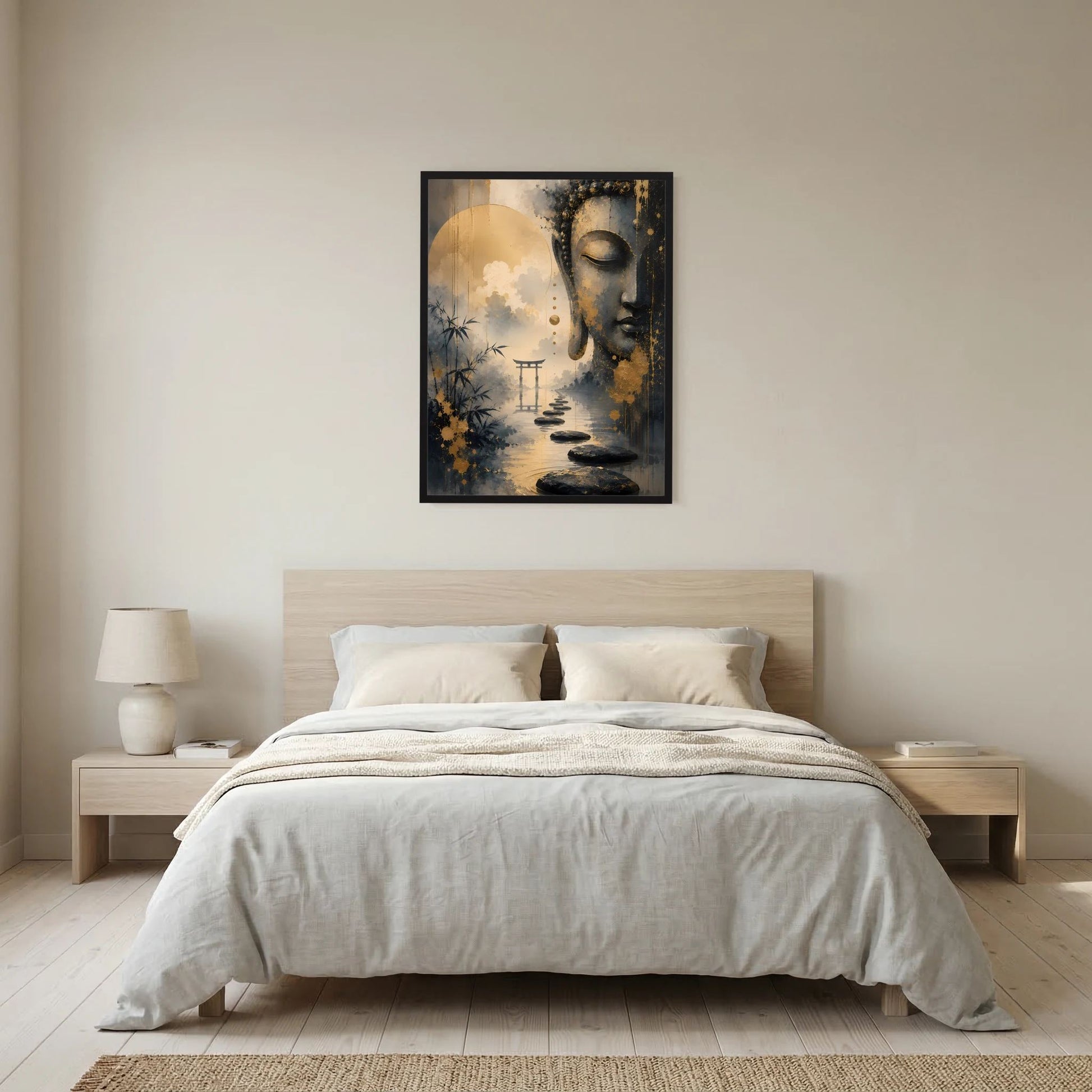 Hochformatiges Poster mit Buddha in Gold und Schwarz, Landschaft im Wasserbecken, schwarze Umrandung