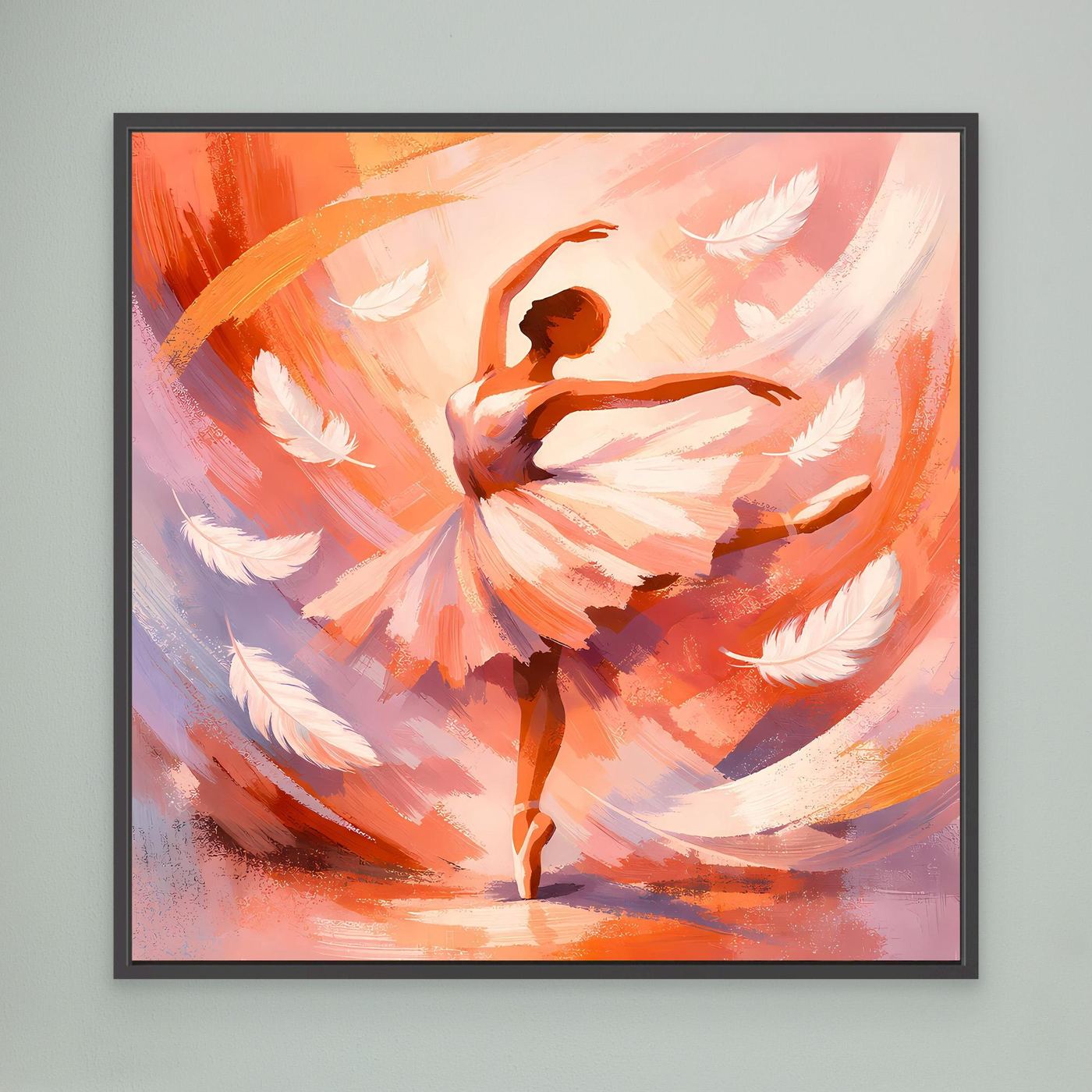 Leinwandbild mit abstrakter Ballerina in warmen Orange- und Rosatönen, schwarz gerahmt
