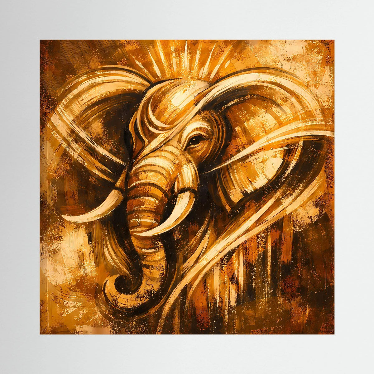 Abstraktes Leinwand-Wandbild mit goldfarbenem Elefant-Ganesha-Motiv in warmen Brauntönen