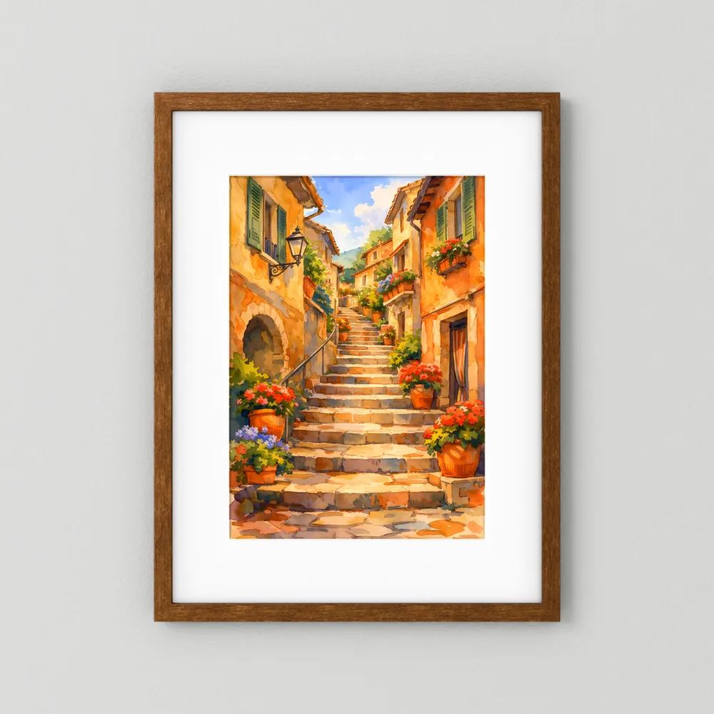 Wandbild im Hochformat: mediterrane Treppe zwischen Häusern mit Blumen in Töpfen, brauner Rahmen