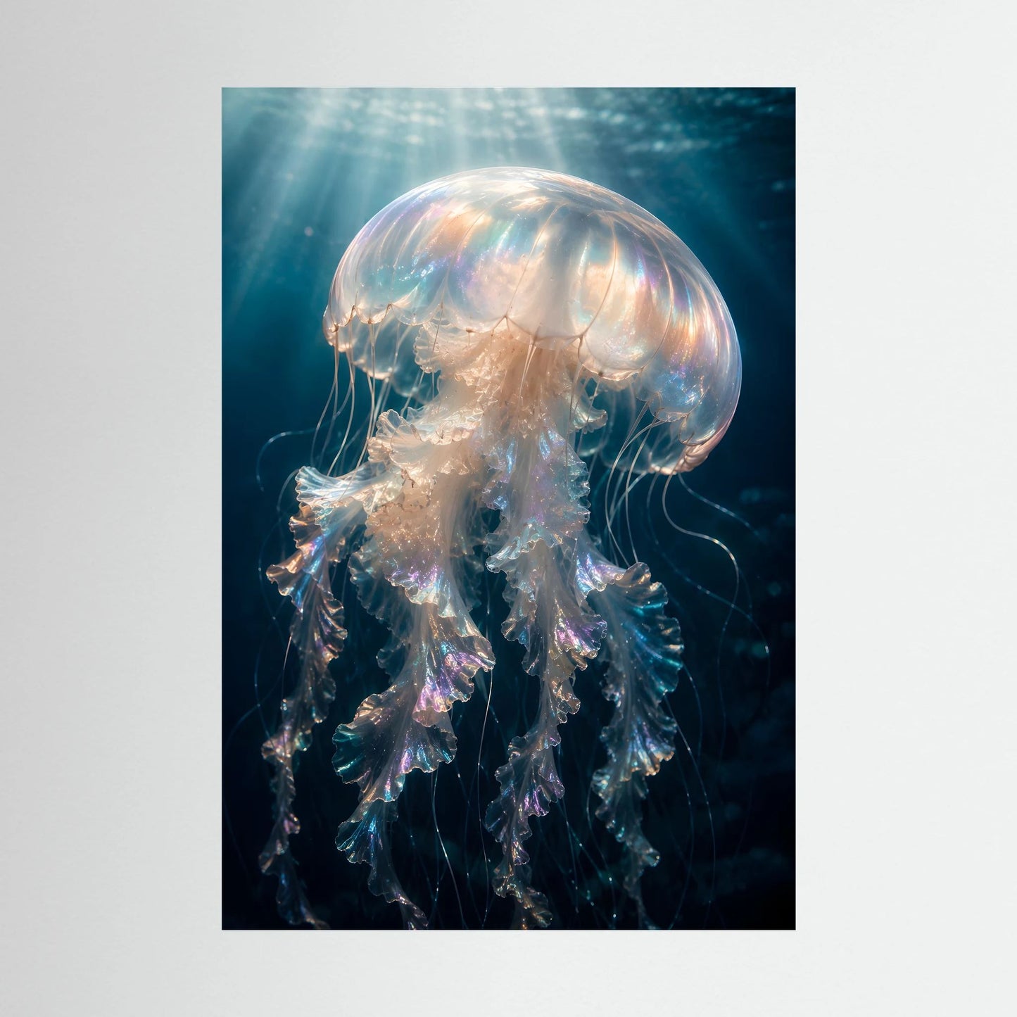 Kunstposter mit schwebender Qualle in Perlmutt, Blau und Rosé, Hochformat