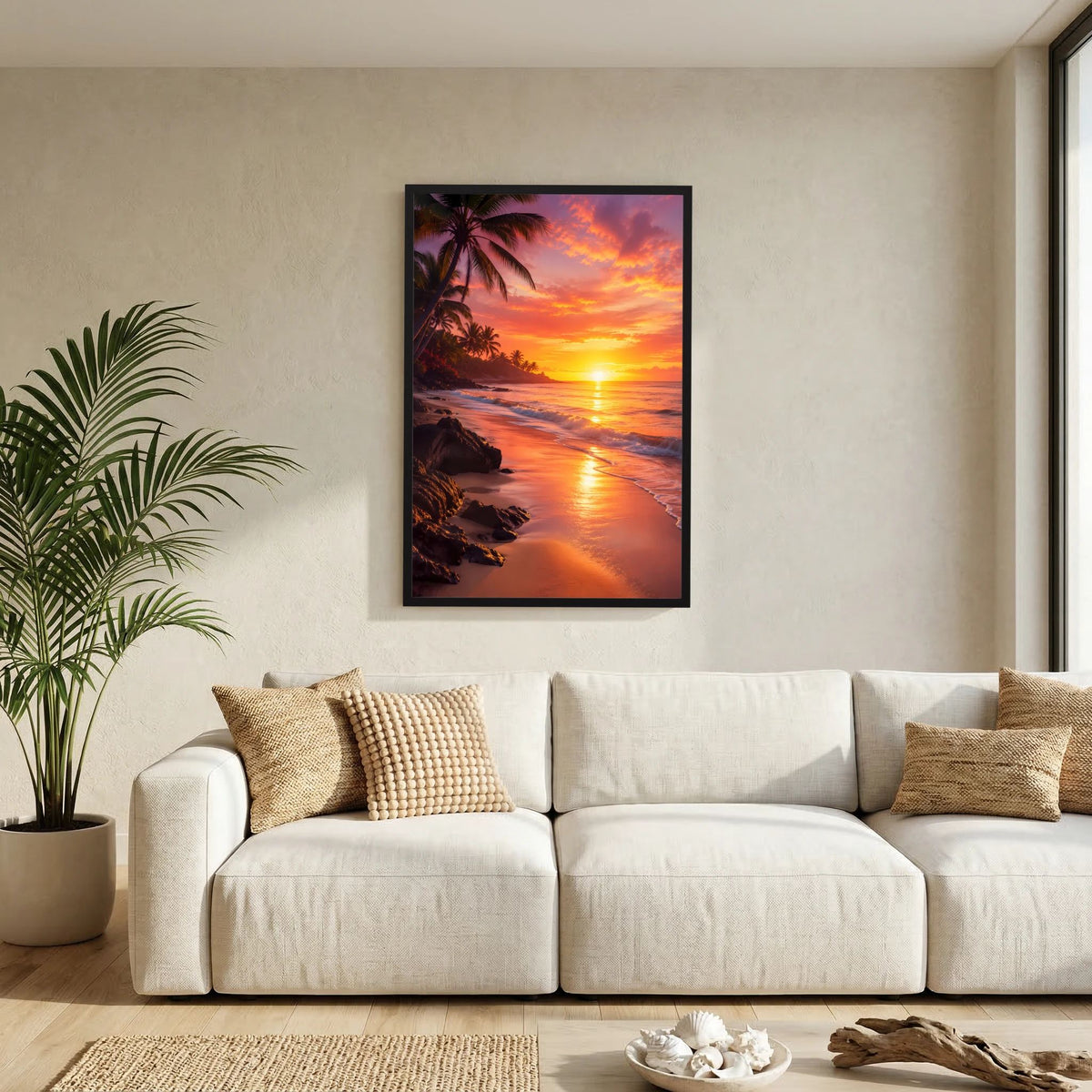 Wandposter im Hochformat mit schwarzem Rahmen: Meer und Strand bei orangefarbenem Sonnenuntergang