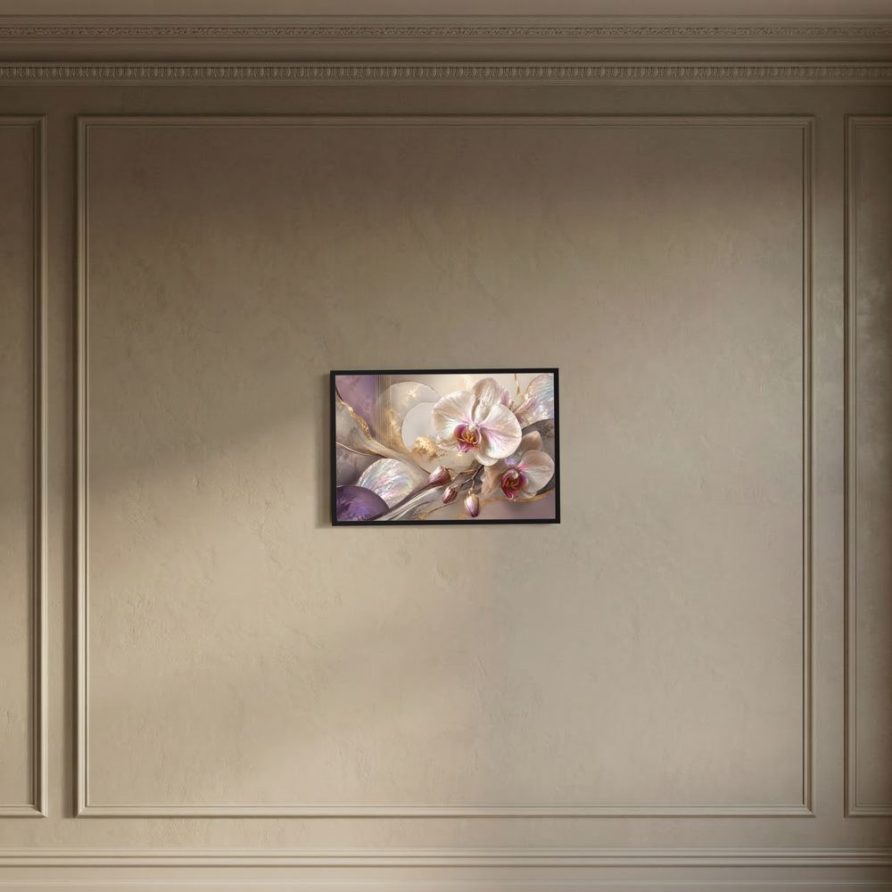 Orchideen-Poster im Querformat: weiße Orchidee, roséfarbene Blüte, goldene Akzente