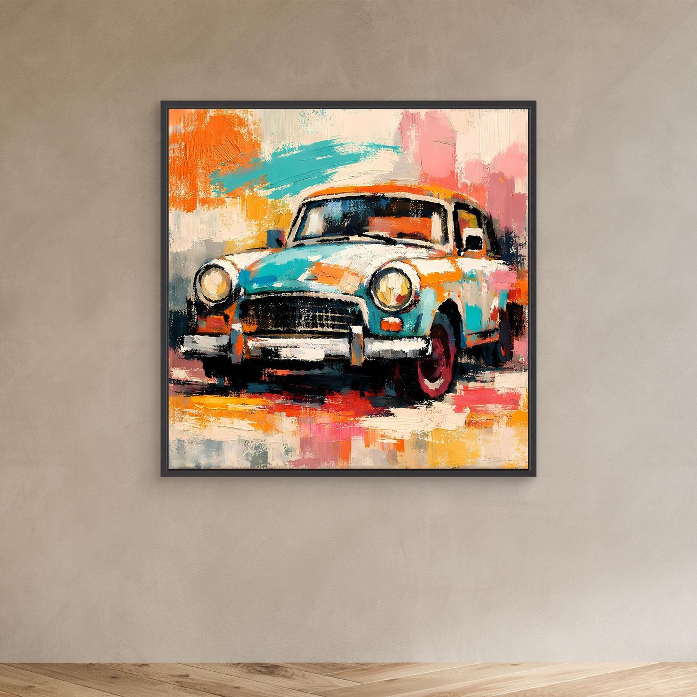 Abstract vintage car canvas wall art with black frame, colorful brushstrokes