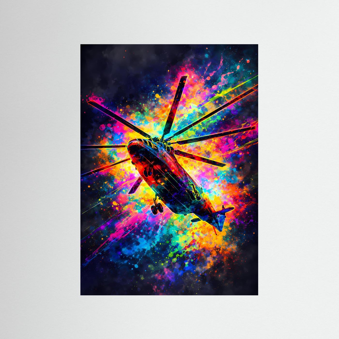 Dynamik des Himmels | Modernes Hubschrauber-Poster mit Neon-Farbspritzern | Abstraktes Kunstposter Hochformat