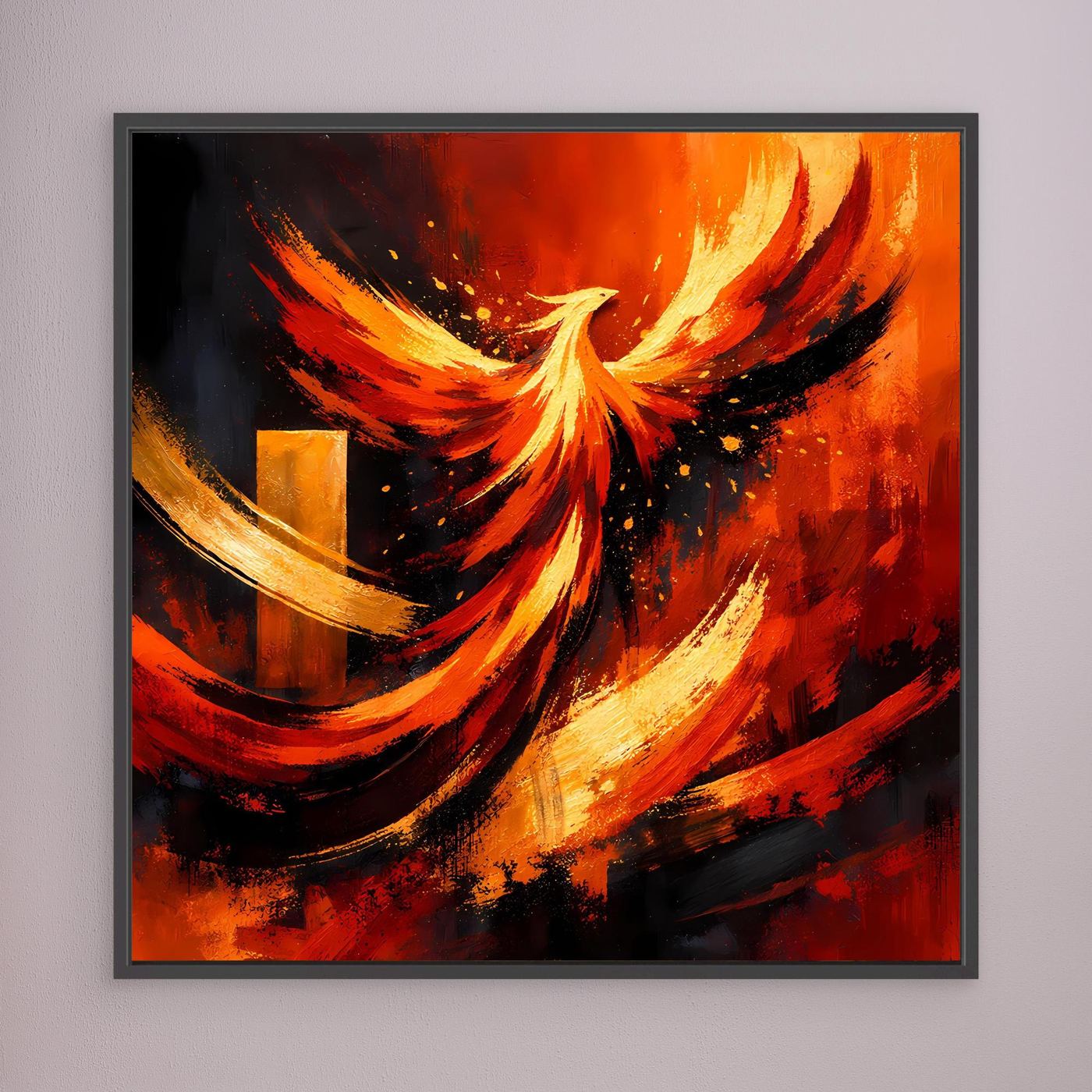 Wandbild mit Leinwandmotiv „Phönix aus der Asche“ in Rot, Gelb und Schwarz, mit dunklem Rahmen