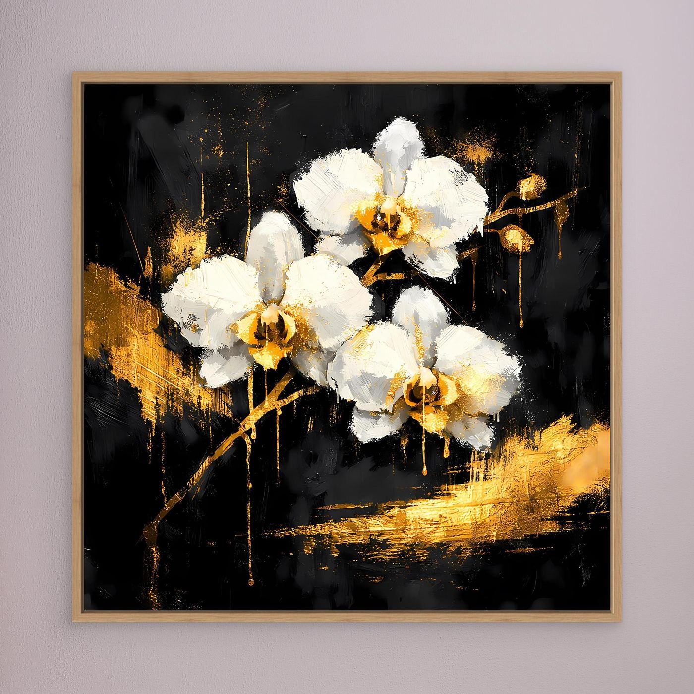 Leinwand Elegante Orchideen in Gold und Schwarz | Modernes Florales Luxus Wandbild
