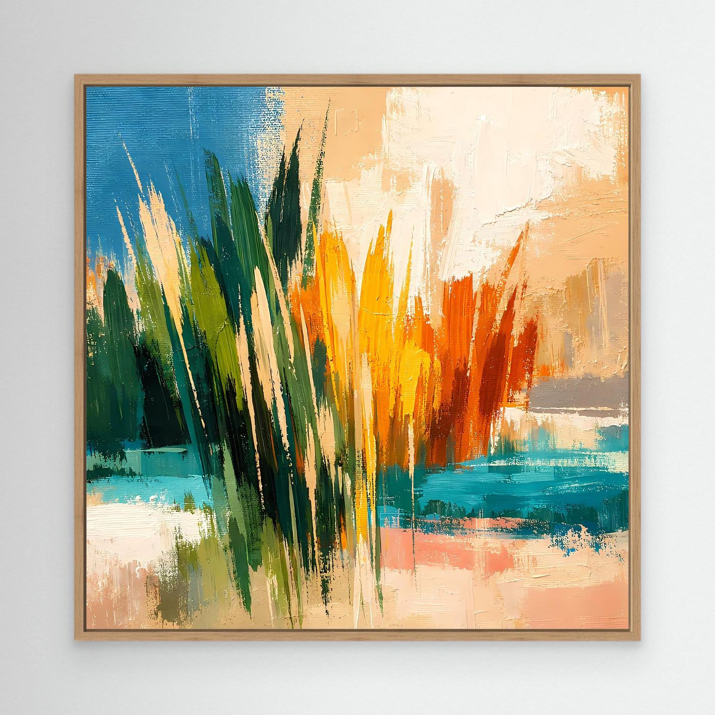 Wandbild mit abstrakter Schilflandschaft und Meer, brauner Rahmen