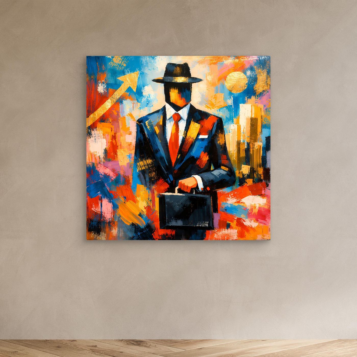 Leinwandbild mit Geschäftsmann im Hut, abstrakt buntes Pop-Art-Motiv