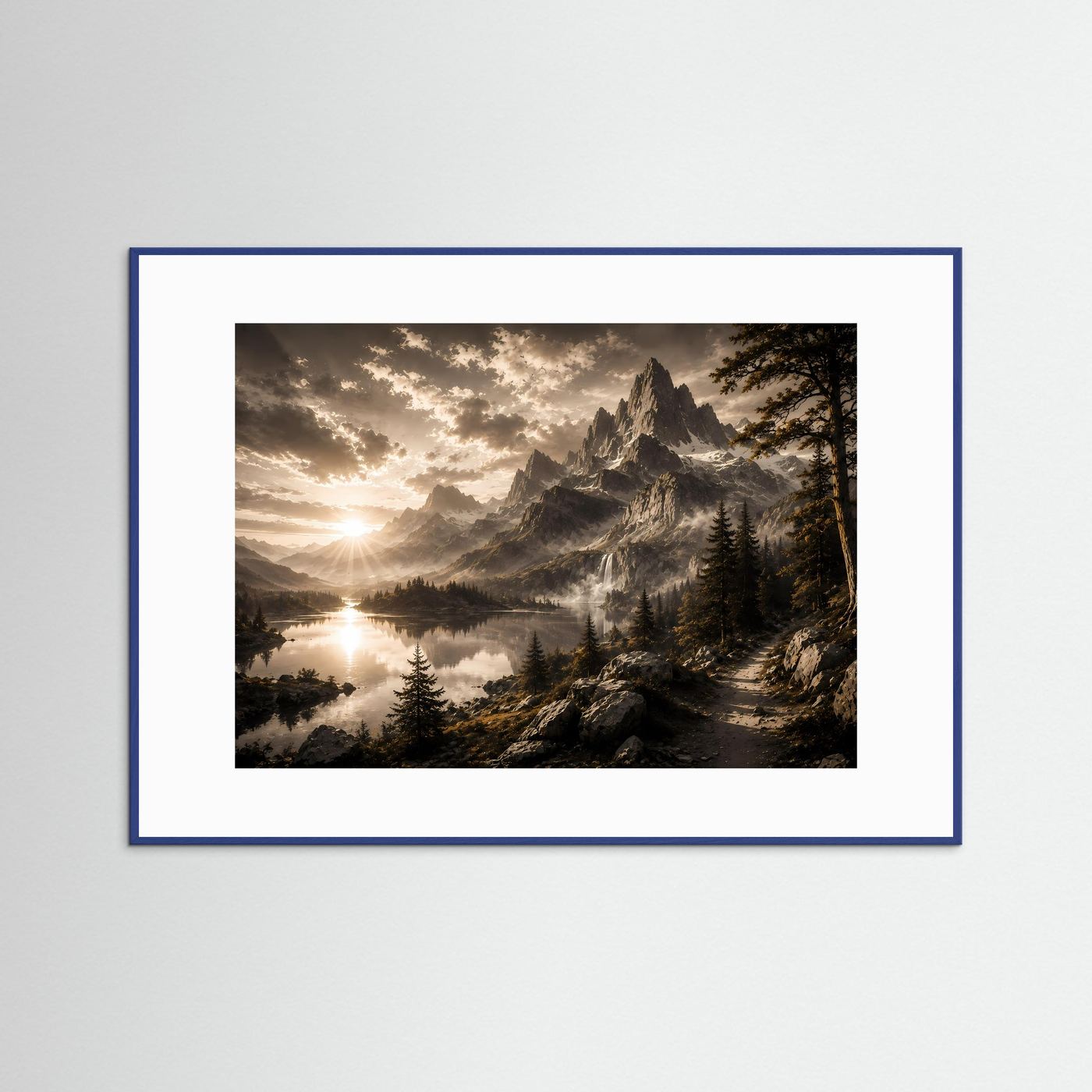 Querformat-Poster mit Bergsee-Landschaft, dunkler Rahmen in Blau