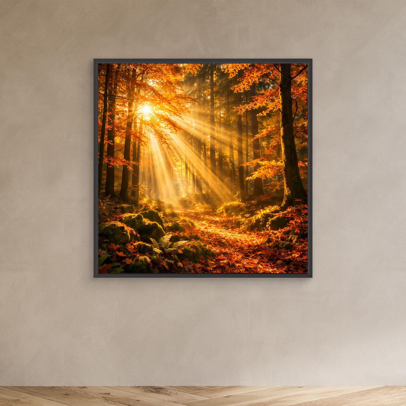 Leinwandbild Herbstwald-Motiv im schwarzen Rahmen mit warmen Lichtstrahlen durch Bäume