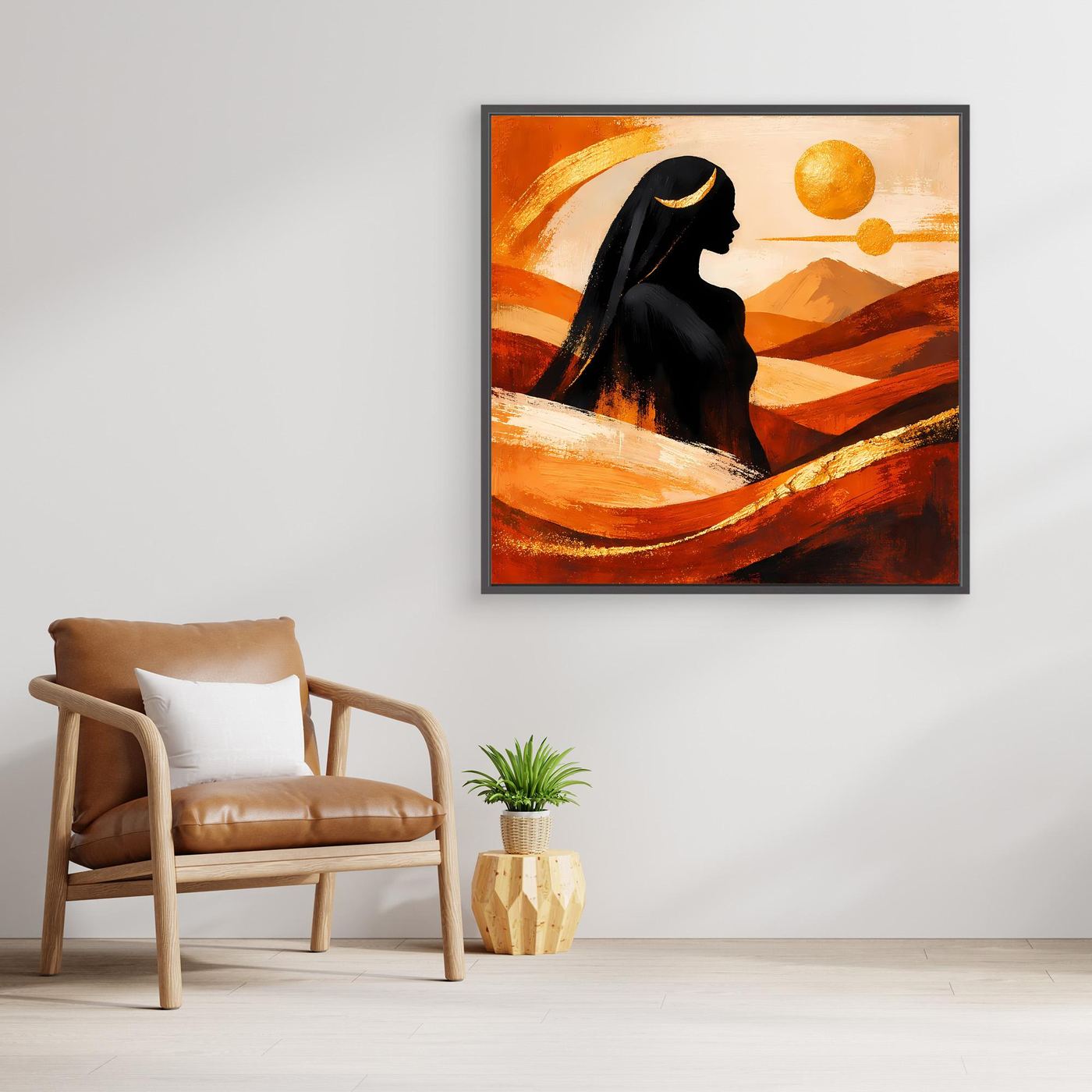 Leinwandbild: schwarze Frauen-Silhouette im Wüstenbild, Sonne und Schichtung in Gold- und Terrakottatönen