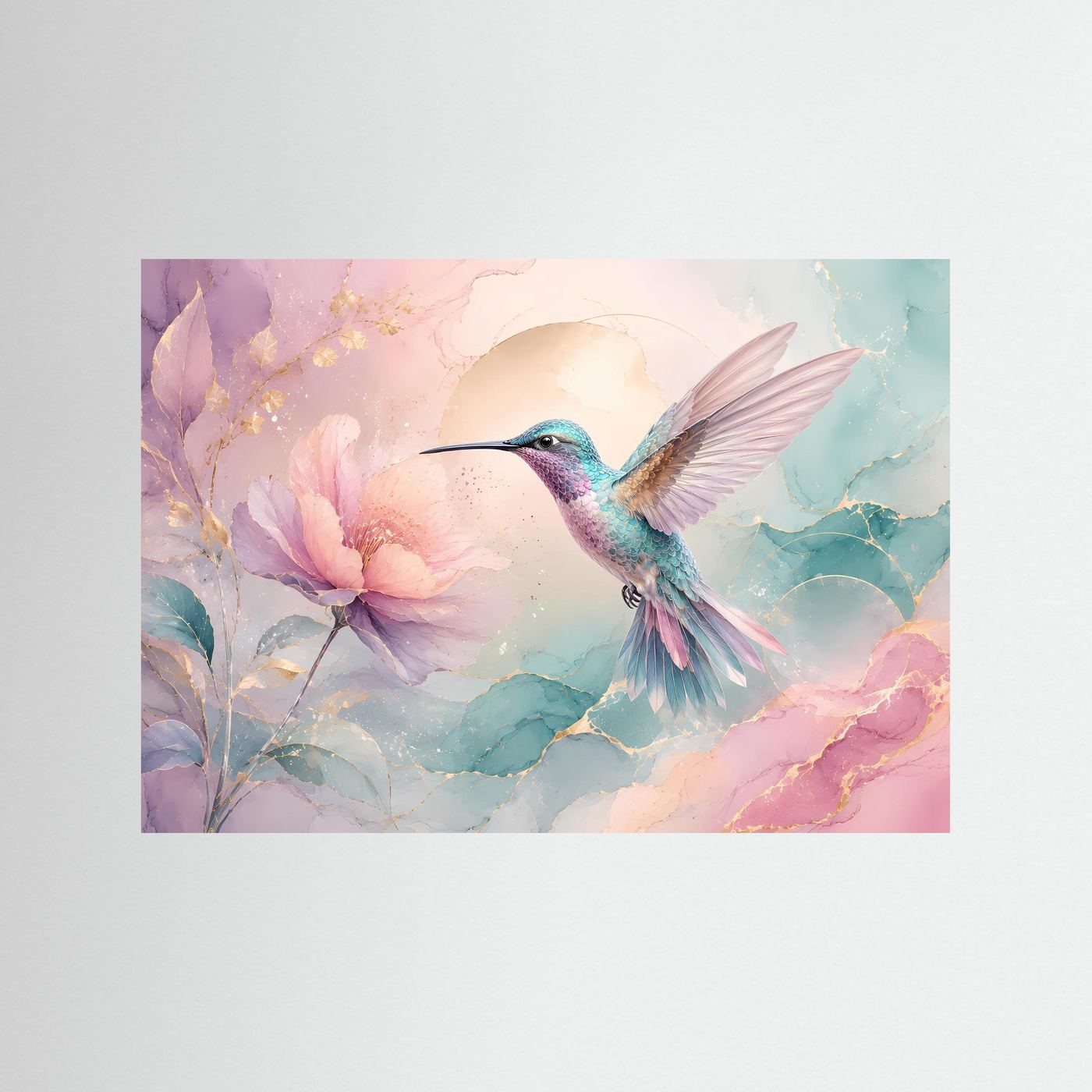 Kolibri Wandbild Pastell | Blüten Poster Rosa Türkis | Elegante Botanische Wandkunst | Moderne Leinwand mit Goldakzenten | Fine Art