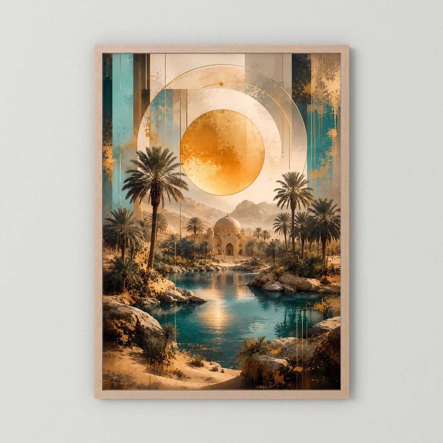 Hochformat-Poster mit goldtürkiser Oase, türkisfarbenem Wasser und Palmen, holzgerahmt