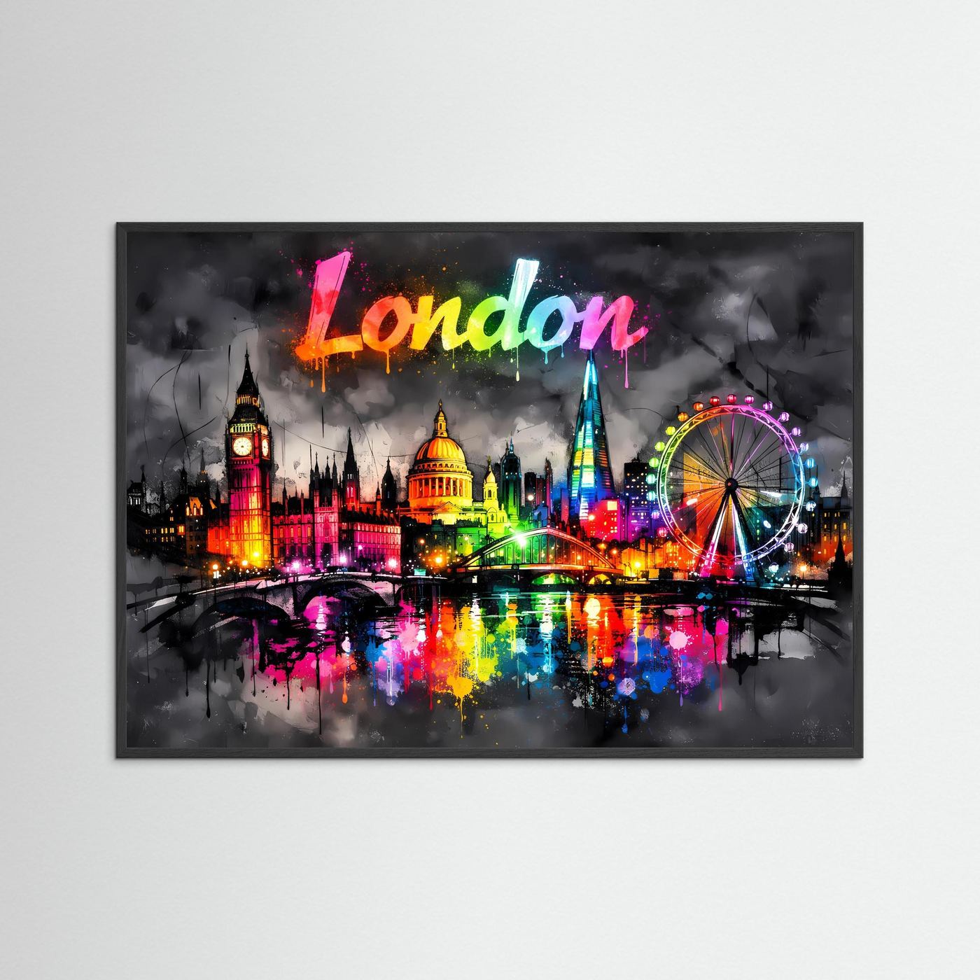 Neon-Splash-Poster mit London-Skyline und Schriftzug, querformat, schwarzer Holzrahmen