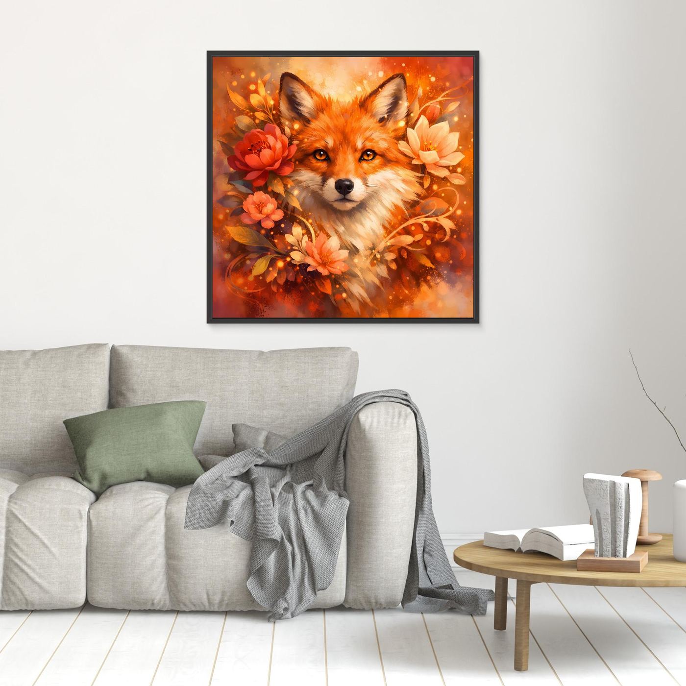 Leinwandbild mit Fuchs im Blumenkranz, orangefarbenes Motiv, schwarzer Rahmen