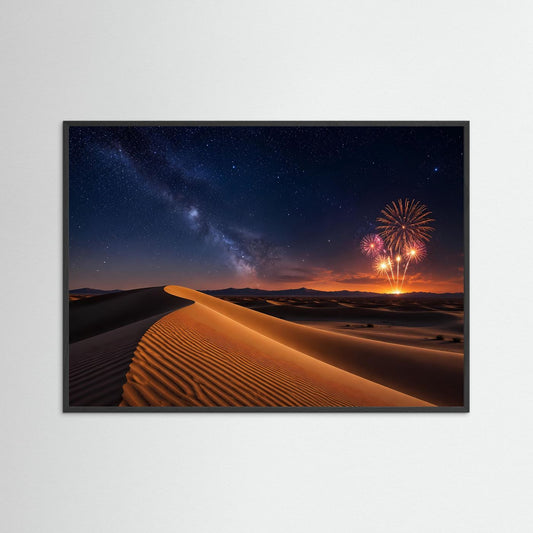 Querformat-Poster mit Dünenlandschaft bei Nacht, Sternenhimmel und Feuerwerk, schwarzer Rahmen