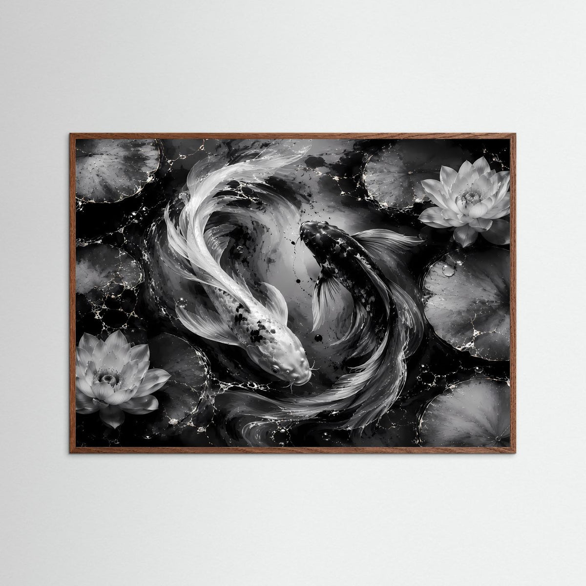 Gerahmtes Wandbild in Braun: Schwarzweiß-Koi-Fische mit Lotusblüten