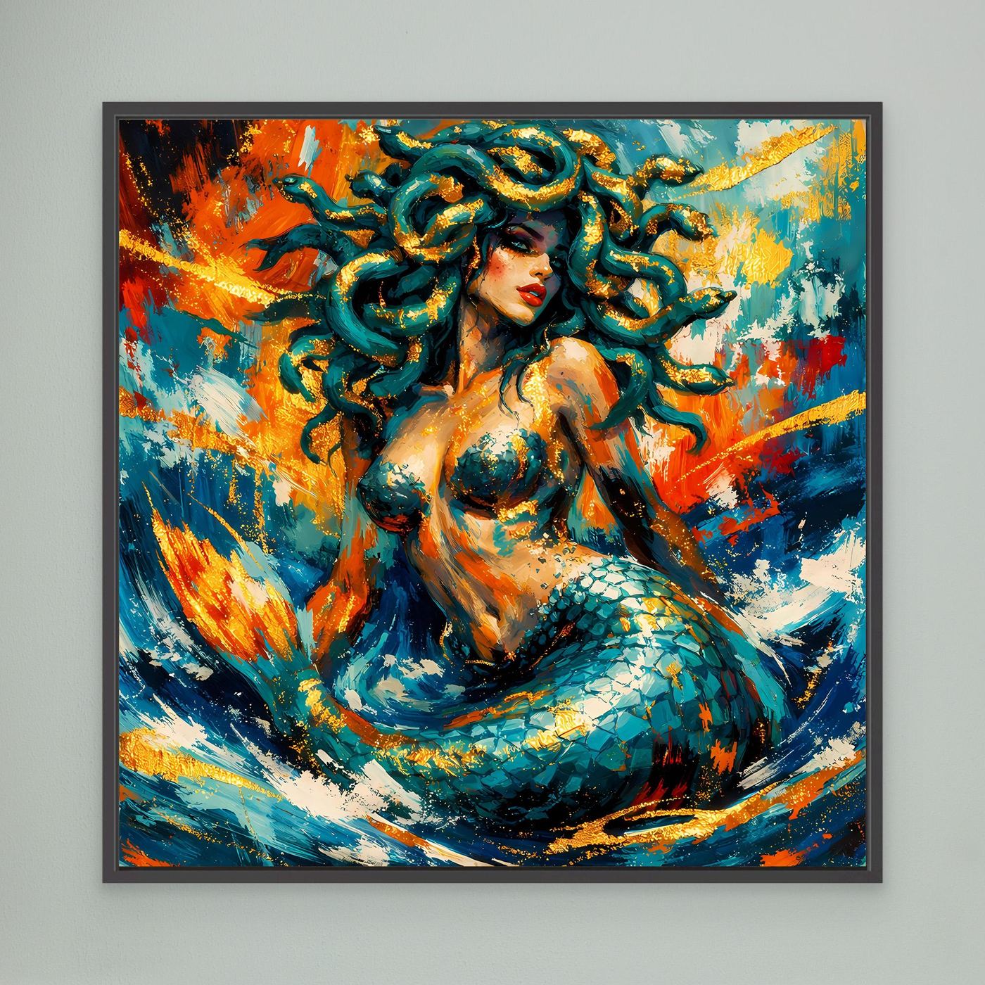 Gerahmtes Leinwandbild (schwarzer Rahmen) mit Medusa-Meerjungfrau im abstrakten Blau-Orange-Look