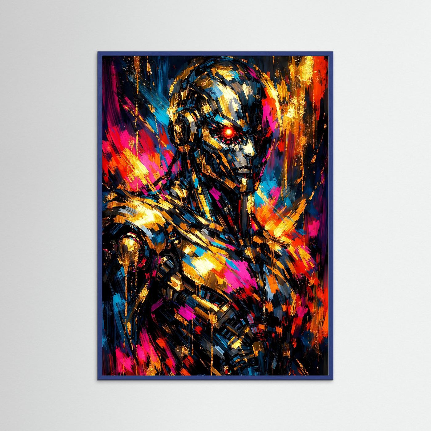 Cyberpunk-Poster mit Roboterkopf, Neonfarben und Goldtönen, im blau abgesetzten Rahmen