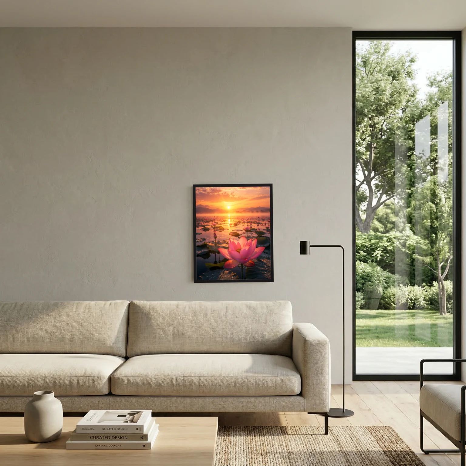 Wandposter mit rosa Lotusblüte und Sonnenuntergang, gerahmt mit dunkler Umrandung