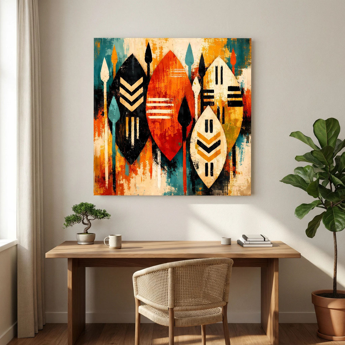 Leinwand-Wandbild über Konsole: abstrakte afrikanische Schilde und Speere, orange und türkis