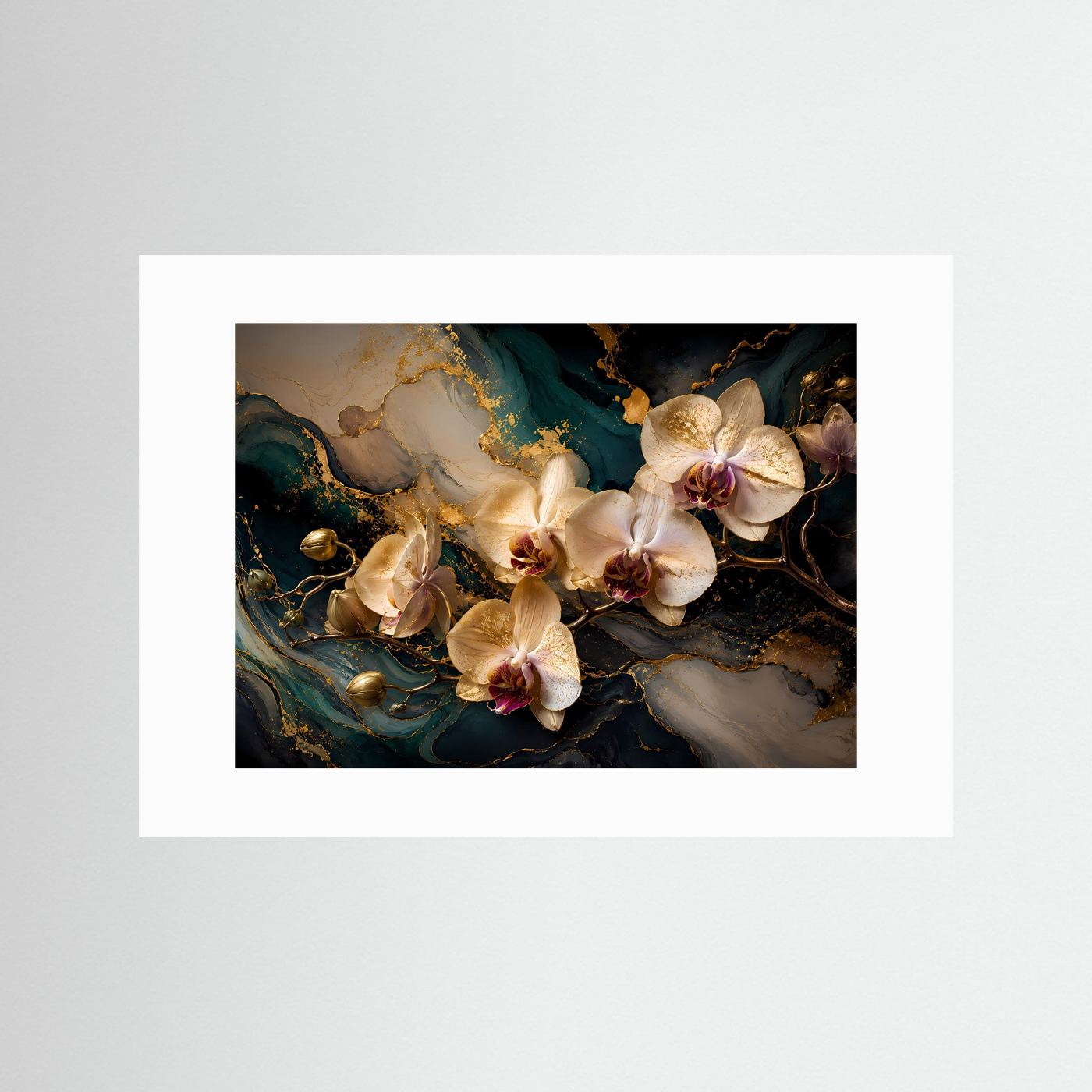 Poster im Querformat mit beigen Orchideen, weißer Passepartout-Rahmen