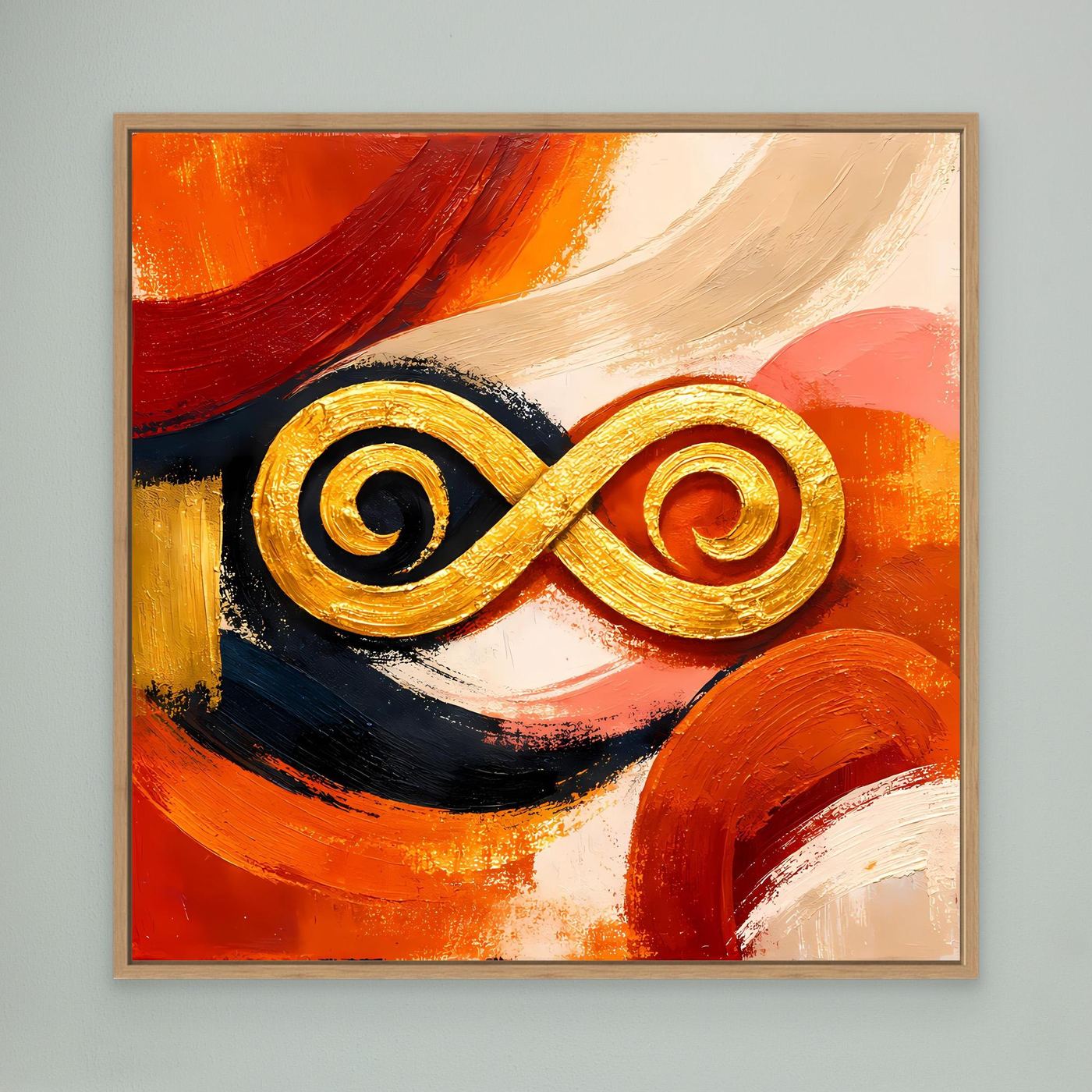 Abstraktes Leinwandbild mit goldener Unendlichkeits-Symbolik im hellen Holzrahmen, orange-rot