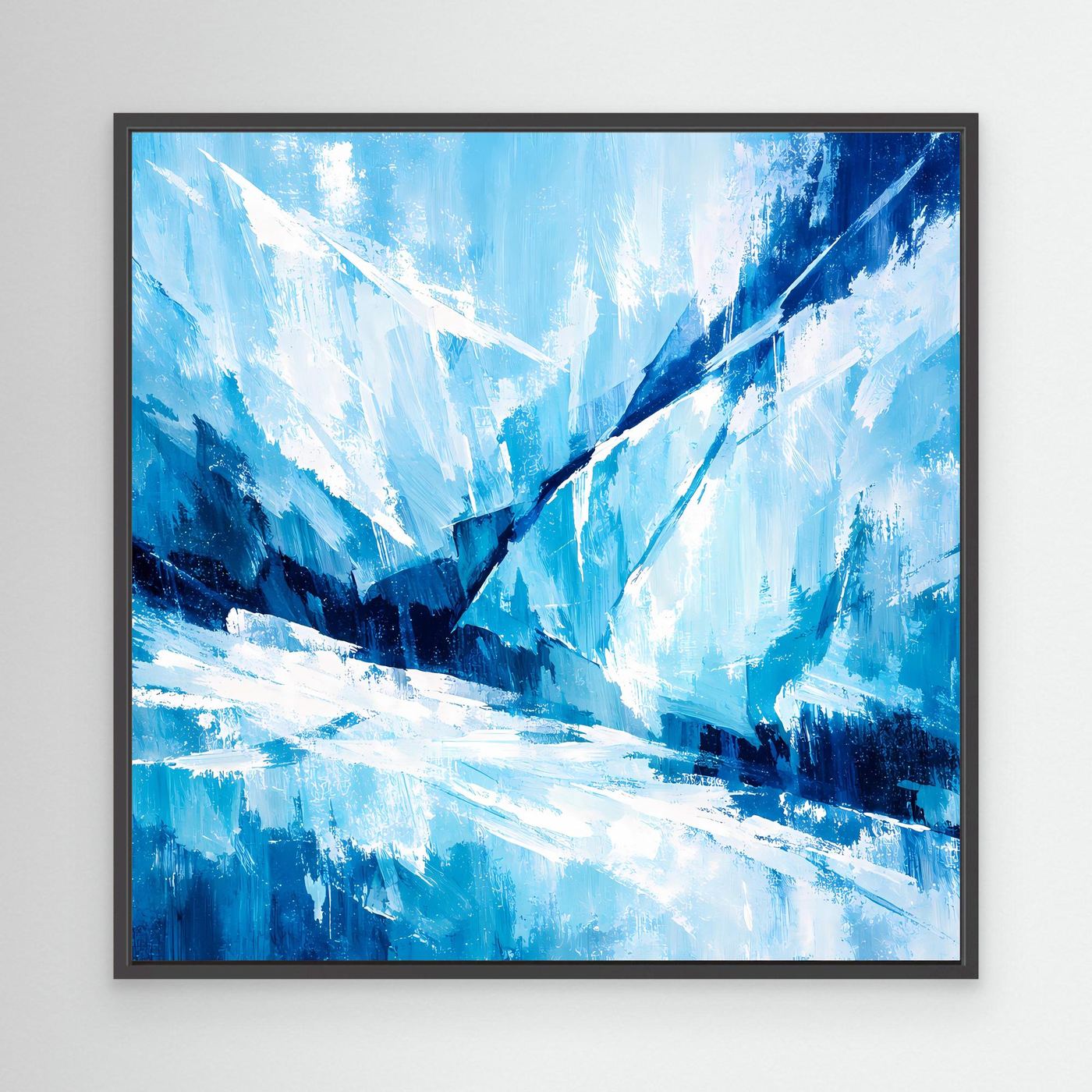 Leinwand-Wandbild mit abstraktem Gletschermotiv in Blau und Weiß, schwarzer Rahmen