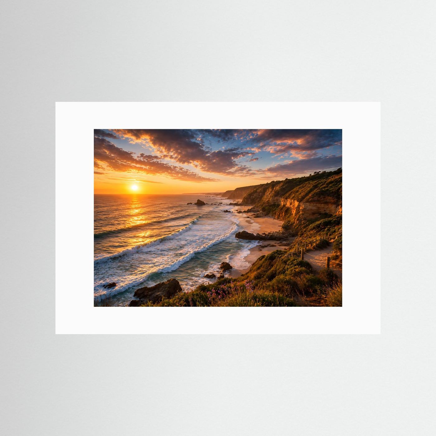 Poster mit weißem Passepartout: Küstenlandschaft mit Meer, Klippen und Sonnenuntergang