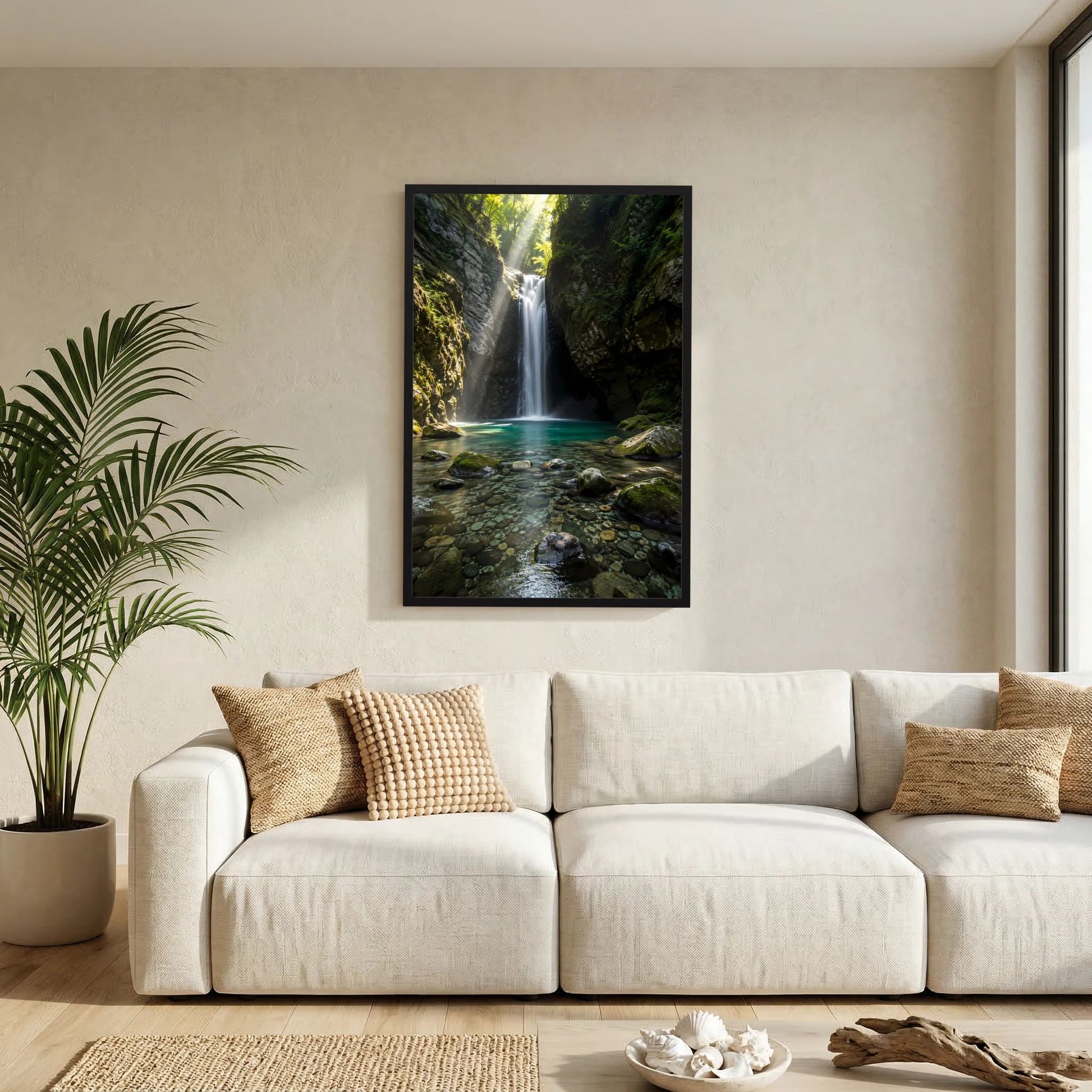 Wandposter im schwarzen Rahmen mit Wasserfall im grünen Canyon und türkisfarbenem Becken